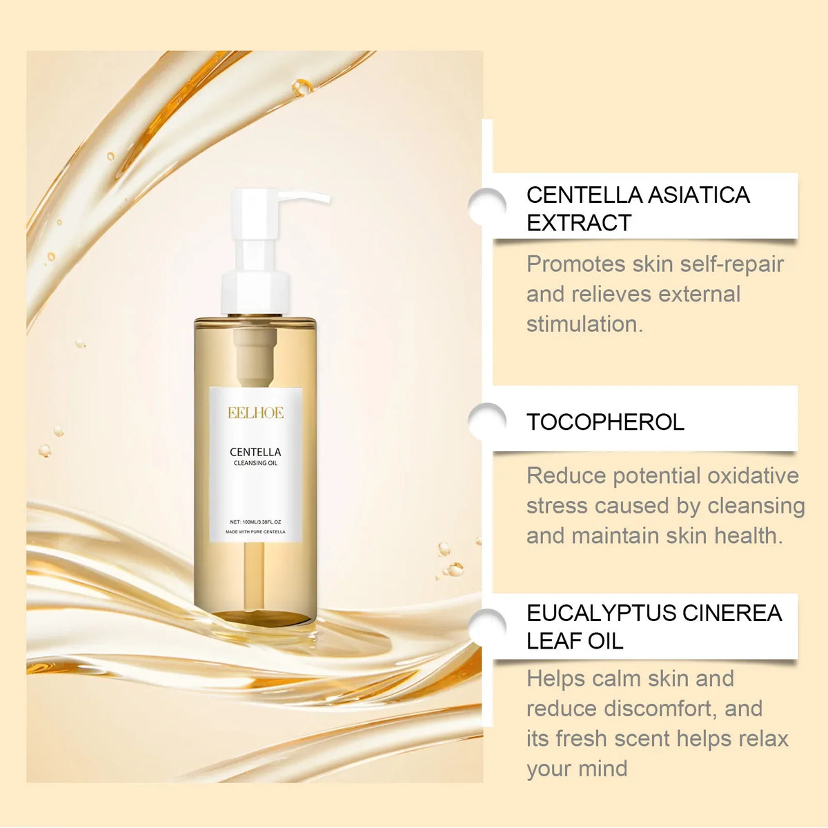 Centella Cleansing Oil bottle with white pump, gold-tinted glass by Silcy Skin on Tampa Home & Garden Store
