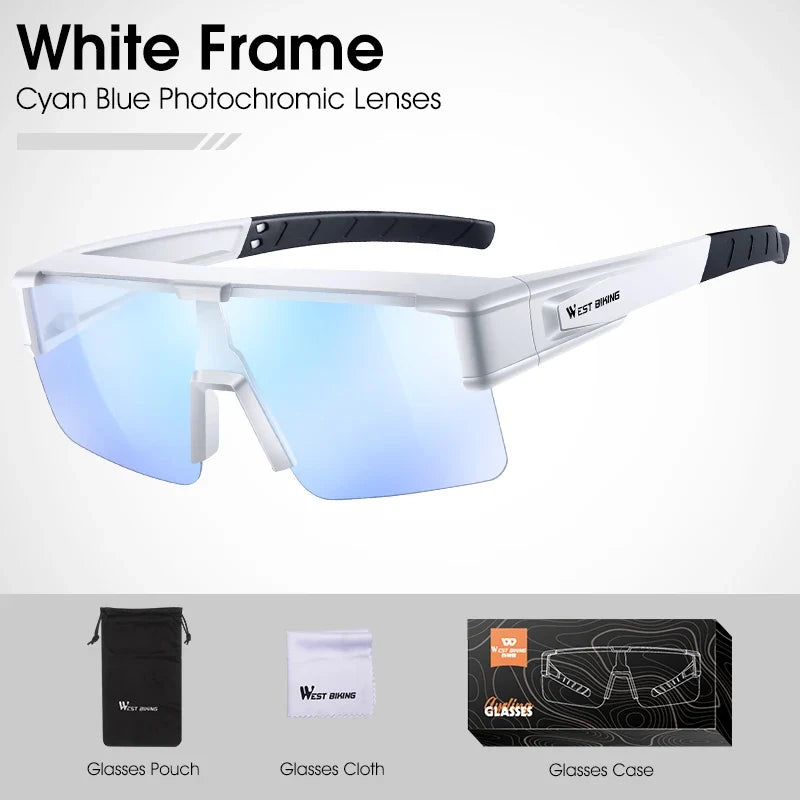 West Biking sunglasses white frame cyan blue photochromic lenses UV400; includes pouch on Tampa Home & Garden Store