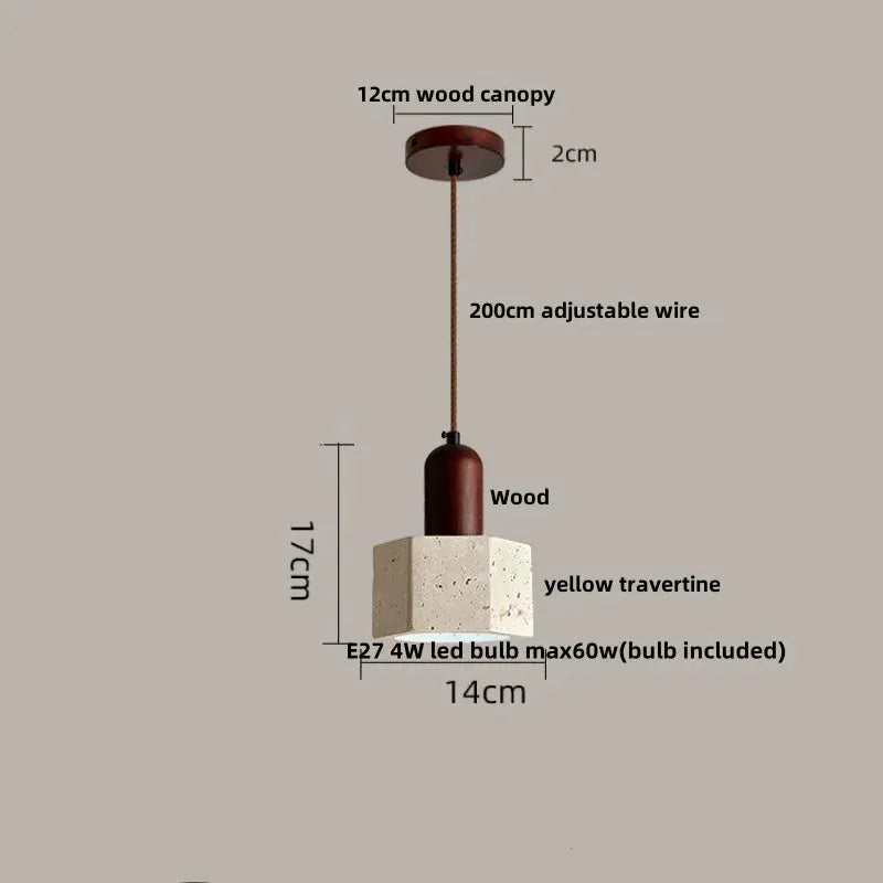 DecorBites LED pendant lamp with yellow travertine block base, wood canopy and brown cord on Tampa Home & Garden Store