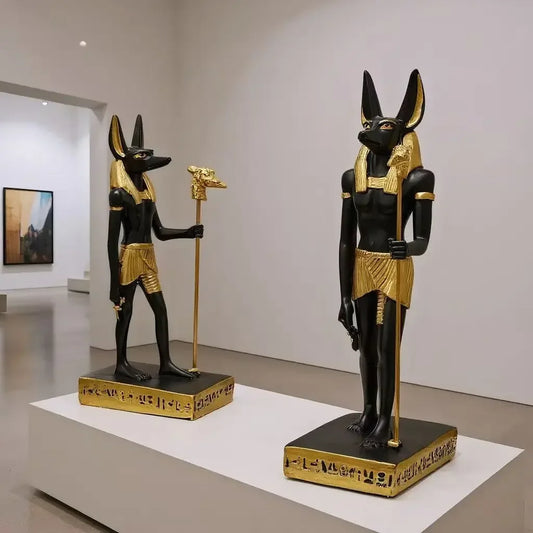 Perfecsy Anubis statues black resin with gold accents on hieroglyphic bases, 2 statues on Tampa Home & Garden Store