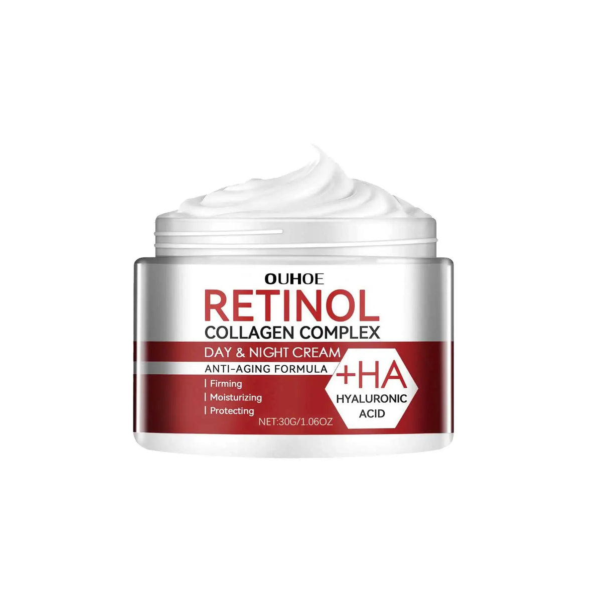 Retinol Collagen Complex Day & Night Cream jar by OUHOE with white cream and red label on Tampa Home & Garden Store