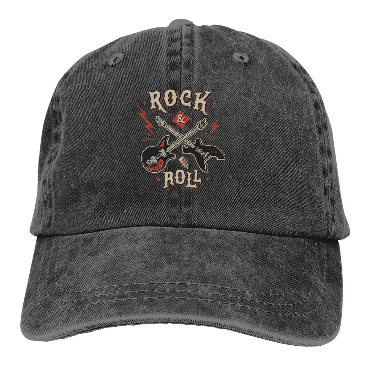 Rock N Roll multicolor cap, gray washed-denim with crossed guitars graphic on Tampa Home & Garden Store