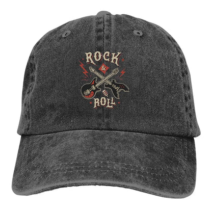 Rock N Roll multicolor cap, gray washed-denim with crossed guitars graphic on Tampa Home & Garden Store