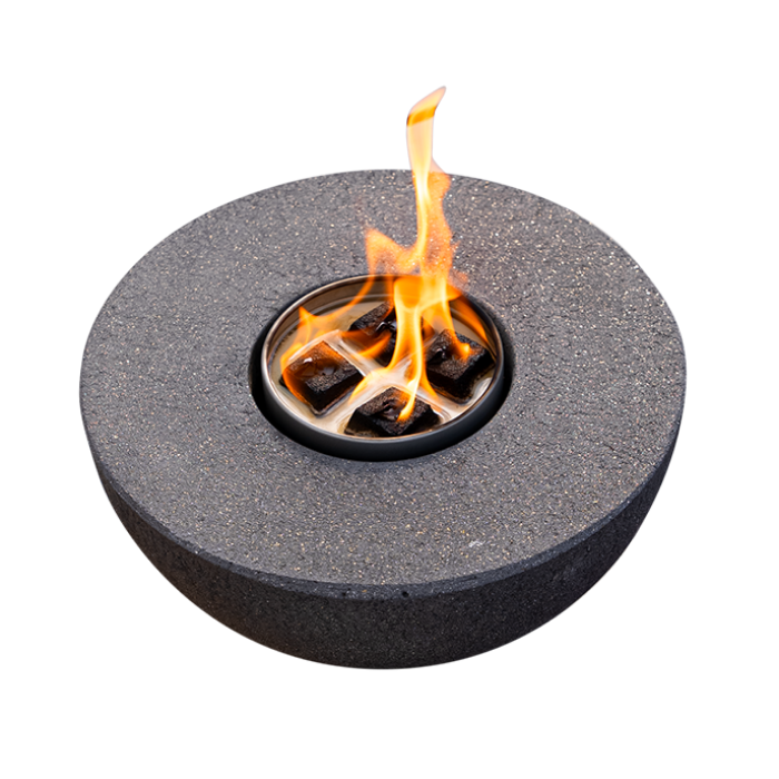 Concrete Semi-Round Fire Pit City Bonfires, dark gray concrete finish outdoors on Tampa Home & Garden Store