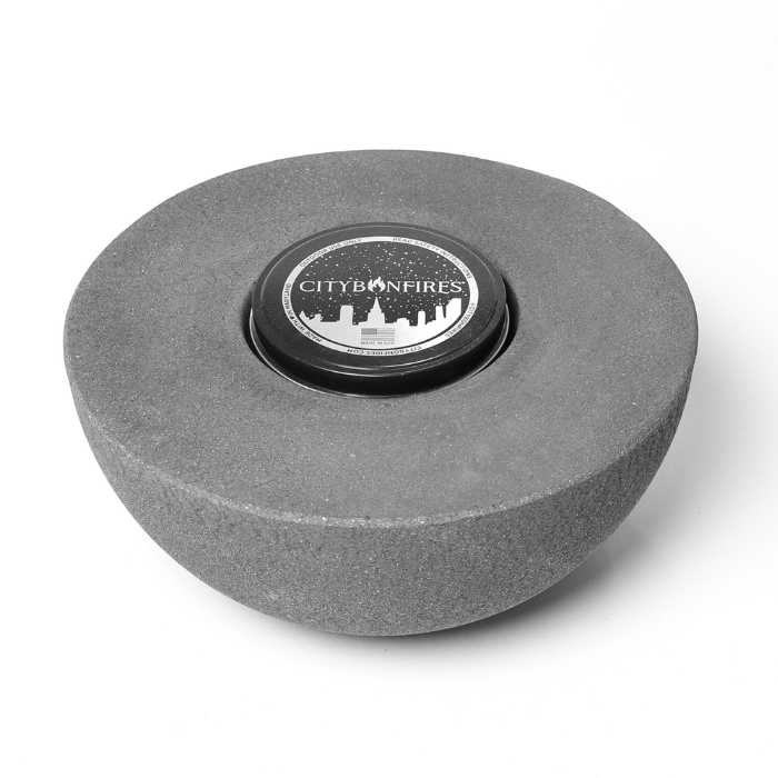 Concrete semi-round fire pit by City Bonfires with a black center lid outdoor decor on Tampa Home & Garden Store