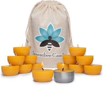 Serenibee 100% Pure Montana Beeswax Tealight Candles – Handmade, Unscented, Eco-Friendly with Reusable Steel Cup & Cotton Gift Bag (Set of 1 or More) - Tampa Home & Garden Store