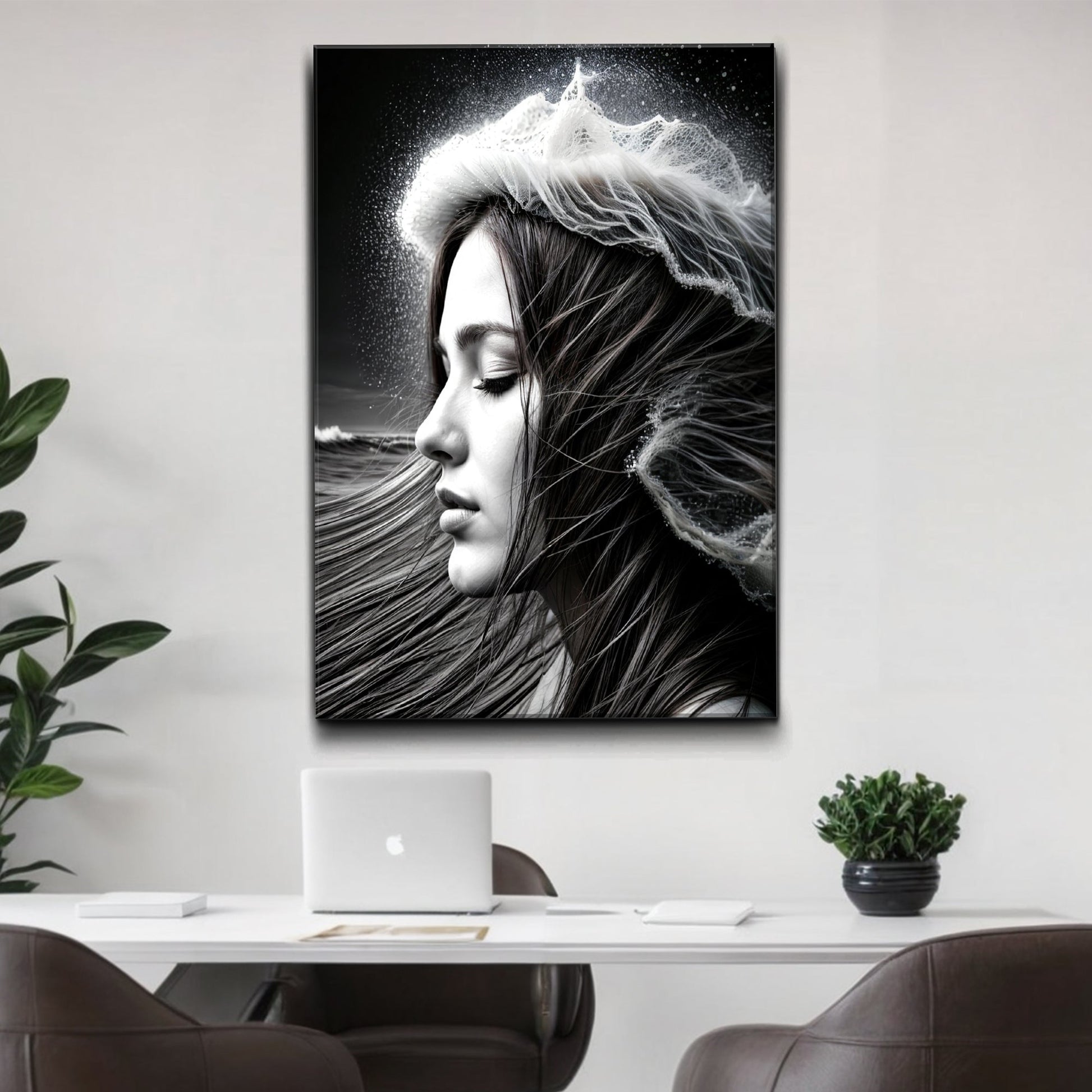 Monochrome Serene Woman Canvas by Tailored Canvases, black-and-white profile with flowing hair on Tampa Home & Garden Store
