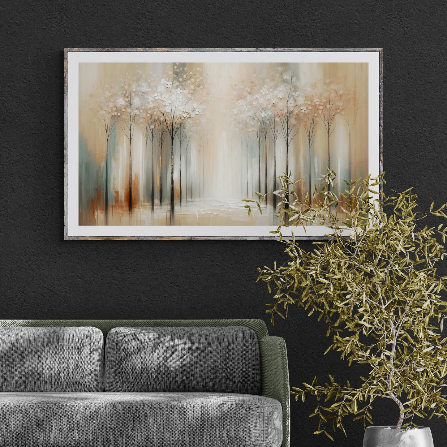 Canvas Print Serenity Bloom crafting canvas with soft beige ivory tones and delicate white blossoms framed in a distressed wood border on Tampa Home & Garden Store