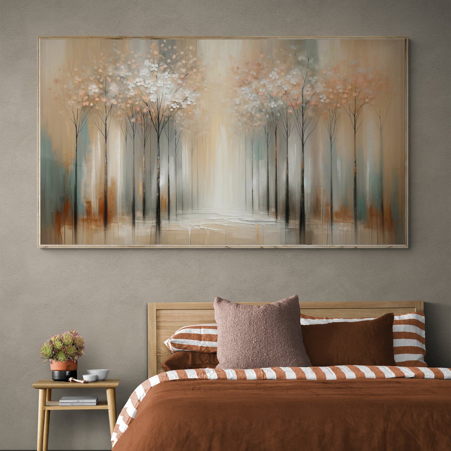 Canvas Print Serenity Bloom by Tailored Canvases; abstract blossom trees in beige and soft teal on Tampa Home & Garden Store