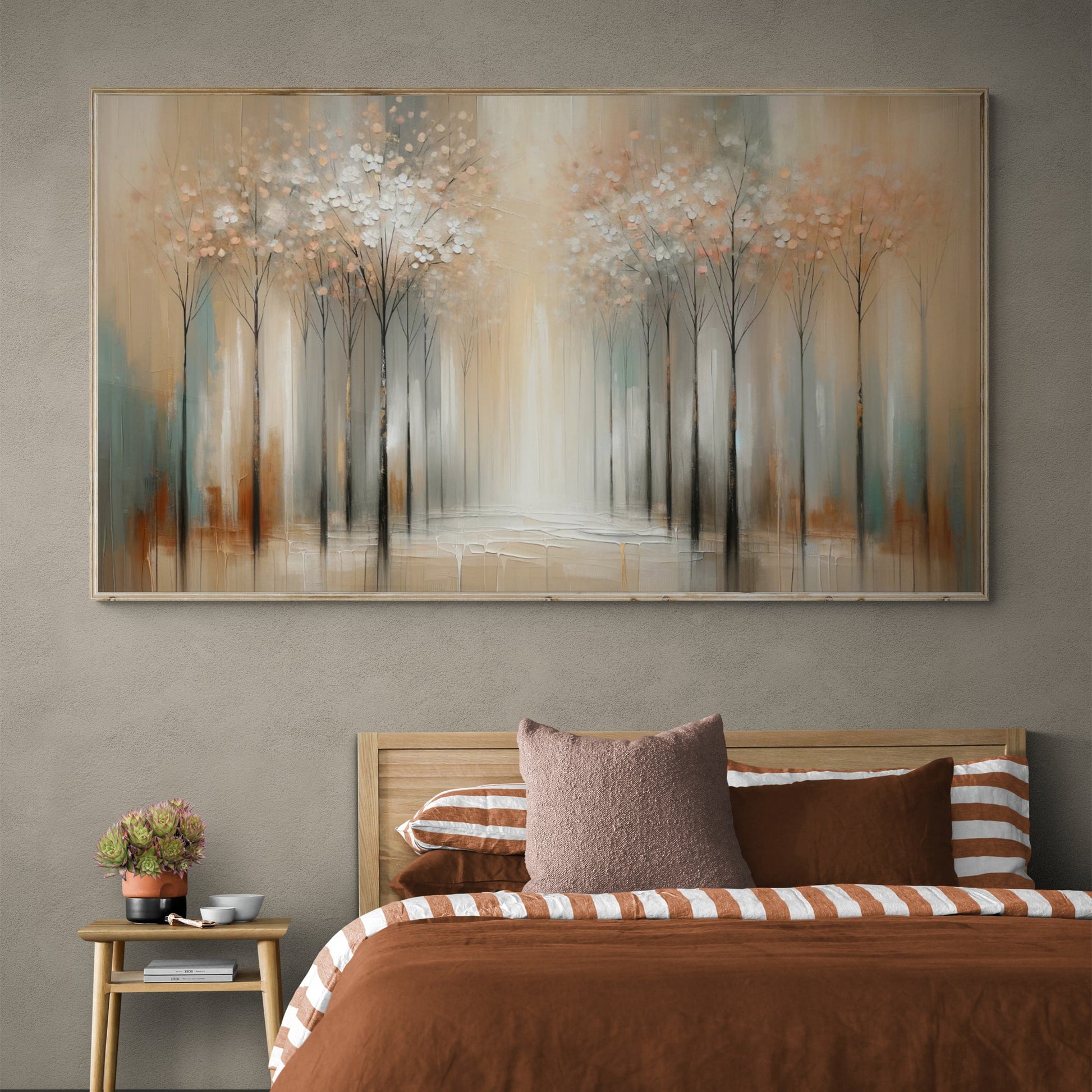 Canvas Print Serenity Bloom by Tailored Canvases; abstract blossom trees in beige and soft teal on Tampa Home & Garden Store