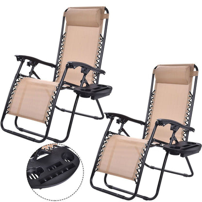 Set of 2 Beige Folding Outdoor Zero Gravity Lounge Chair Recliner - Tampa Home & Garden Store