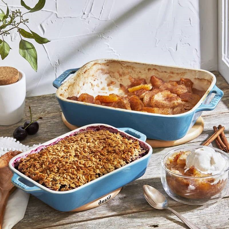 Set of 2 - Ceramic Stoneware Baking Dish Set in Blue Green Turquoise Ivory - Tampa Home & Garden Store