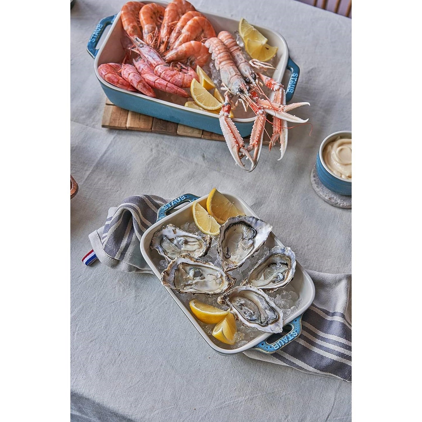 Set of 2 - Ceramic Stoneware Baking Dish Set in Blue Green Turquoise Ivory - Tampa Home & Garden Store