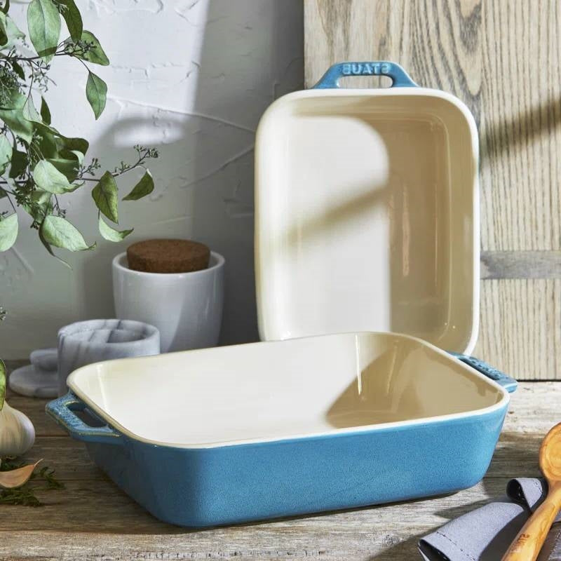 Set of 2 - Ceramic Stoneware Baking Dish Set in Blue Green Turquoise Ivory - Tampa Home & Garden Store