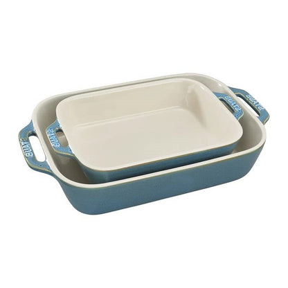 Set of 2 - Ceramic Stoneware Baking Dish Set in Blue Green Turquoise Ivory - Tampa Home & Garden Store