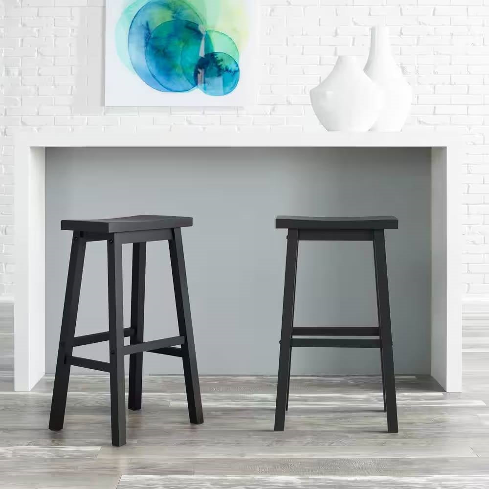 Set of 2 Farmhouse Bar Height Saddle Seat Barstool in Charcoal Black Wood Finish - Tampa Home & Garden Store