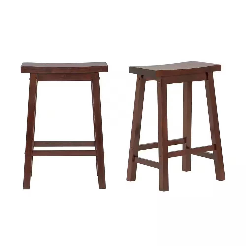 Set of 2 Farmhouse Counter Height Saddle Bar Stools in Brown Walnut Wood Finish - Tampa Home & Garden Store