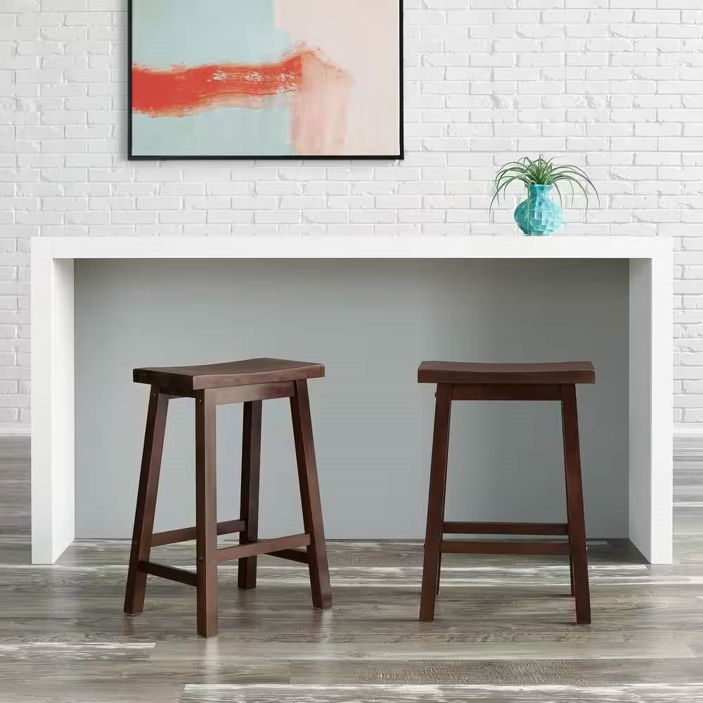 Set of 2 Farmhouse Counter Height Saddle Bar Stools in Brown Walnut Wood Finish - Tampa Home & Garden Store