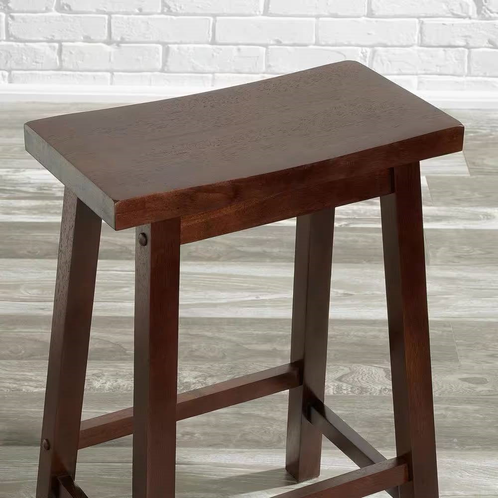 Set of 2 Farmhouse Counter Height Saddle Bar Stools in Brown Walnut Wood Finish - Tampa Home & Garden Store
