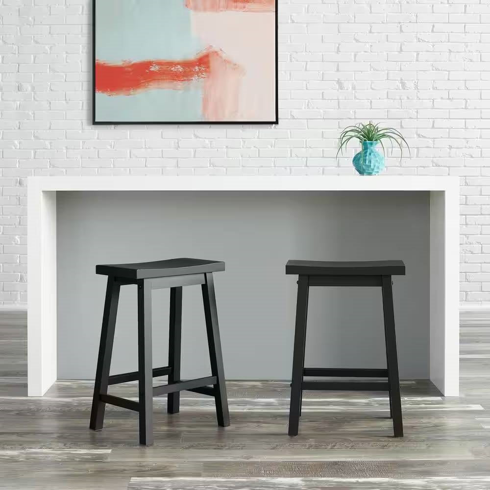 Set of 2 Farmhouse Counter Height Saddle Barstool in Charcoal Black Wood Finish - Tampa Home & Garden Store