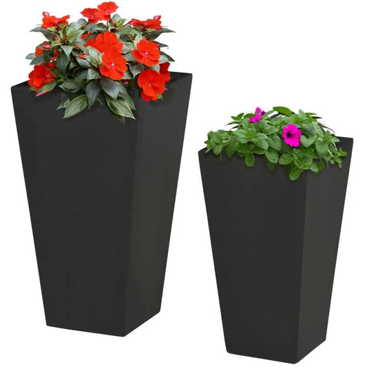 Set of 2 Modern Lightweight Black Outdoor Patio Flower Pot Tall Planter Box - Tampa Home & Garden Store