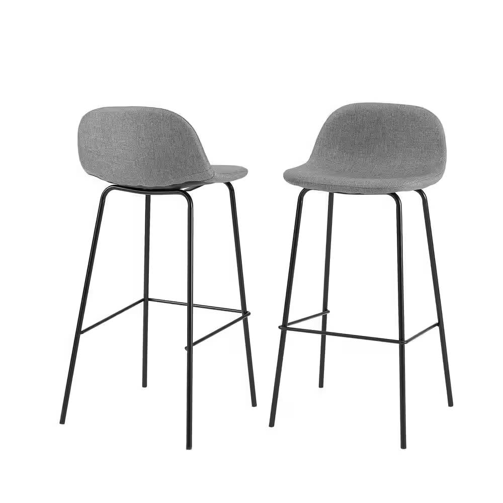 Set of 2 - Modern Low Back Barstool with Black Metal Frame and Grey Linen Seat - Tampa Home & Garden Store