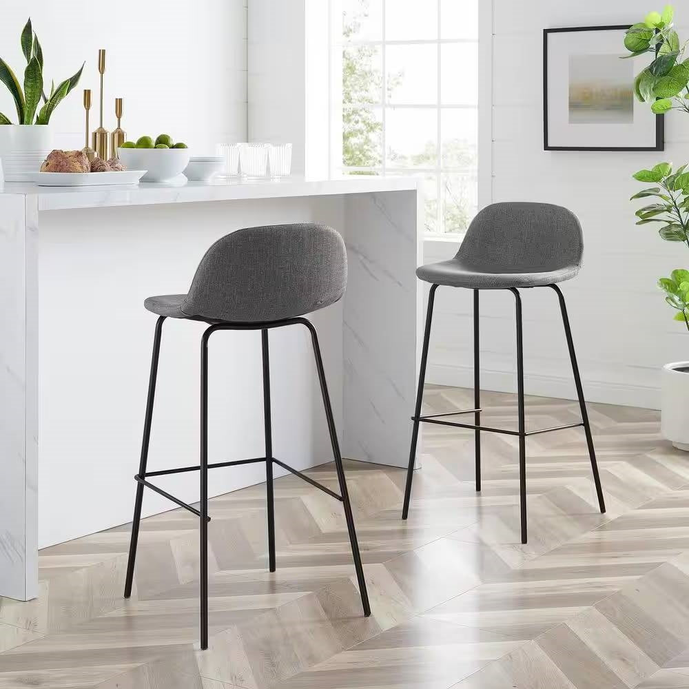 Set of 2 - Modern Low Back Barstool with Black Metal Frame and Grey Linen Seat - Tampa Home & Garden Store