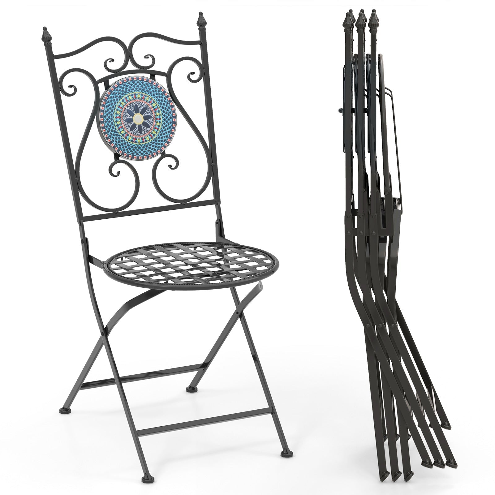 Set of 2 Mosaic Chairs for Patio Metal Folding Chairs-Multicolor - Tampa Home & Garden Store