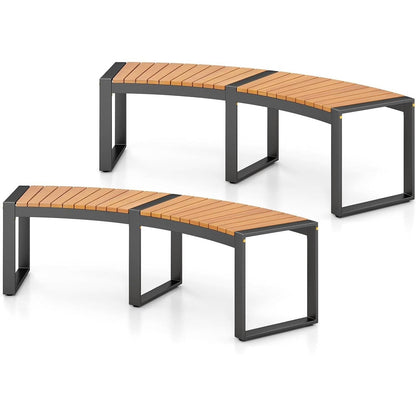 Set of 2 - Outdoor Metal Wood Backless Garden Bench with Modern Curved Design - Tampa Home & Garden Store