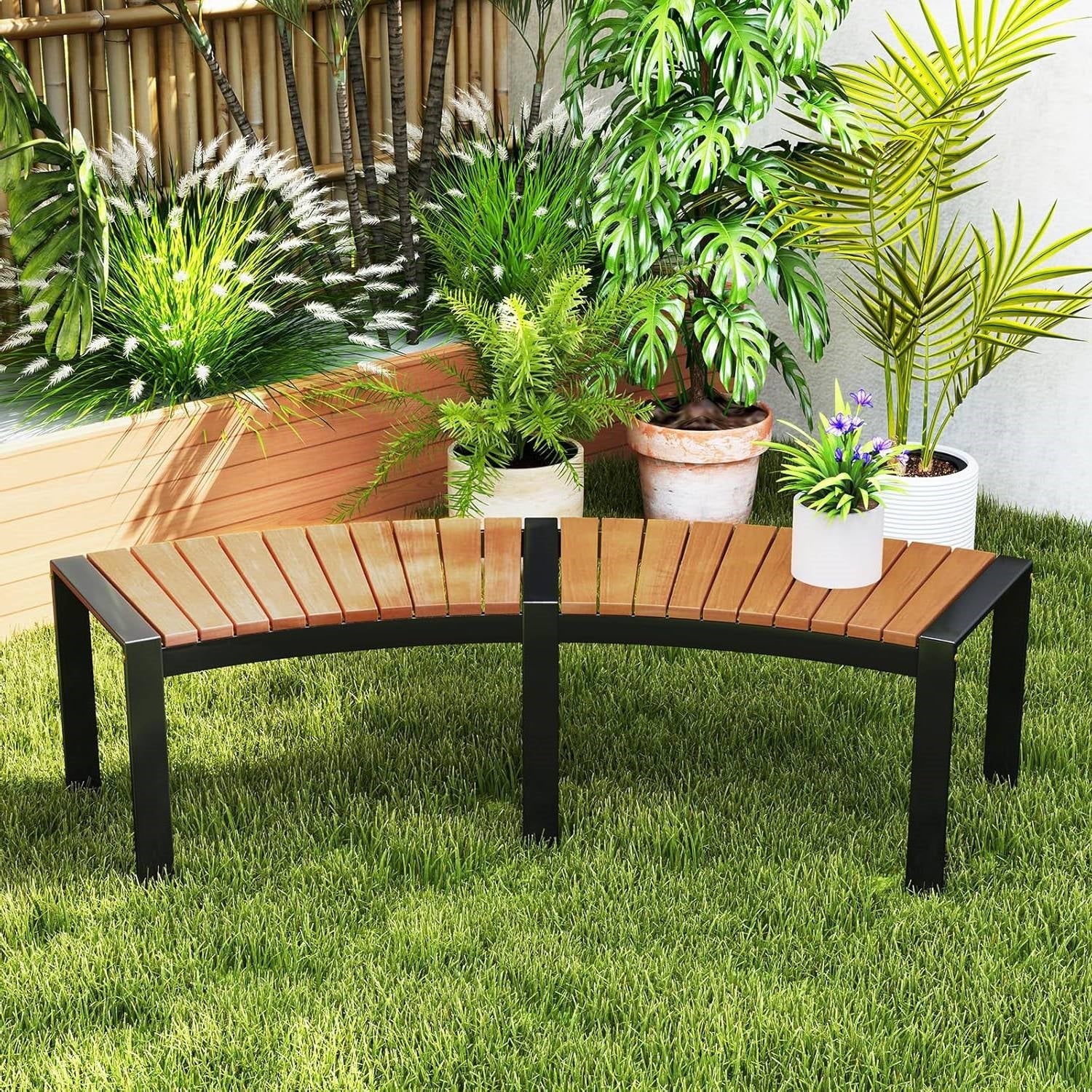 Set of 2 - Outdoor Metal Wood Backless Garden Bench with Modern Curved Design - Tampa Home & Garden Store