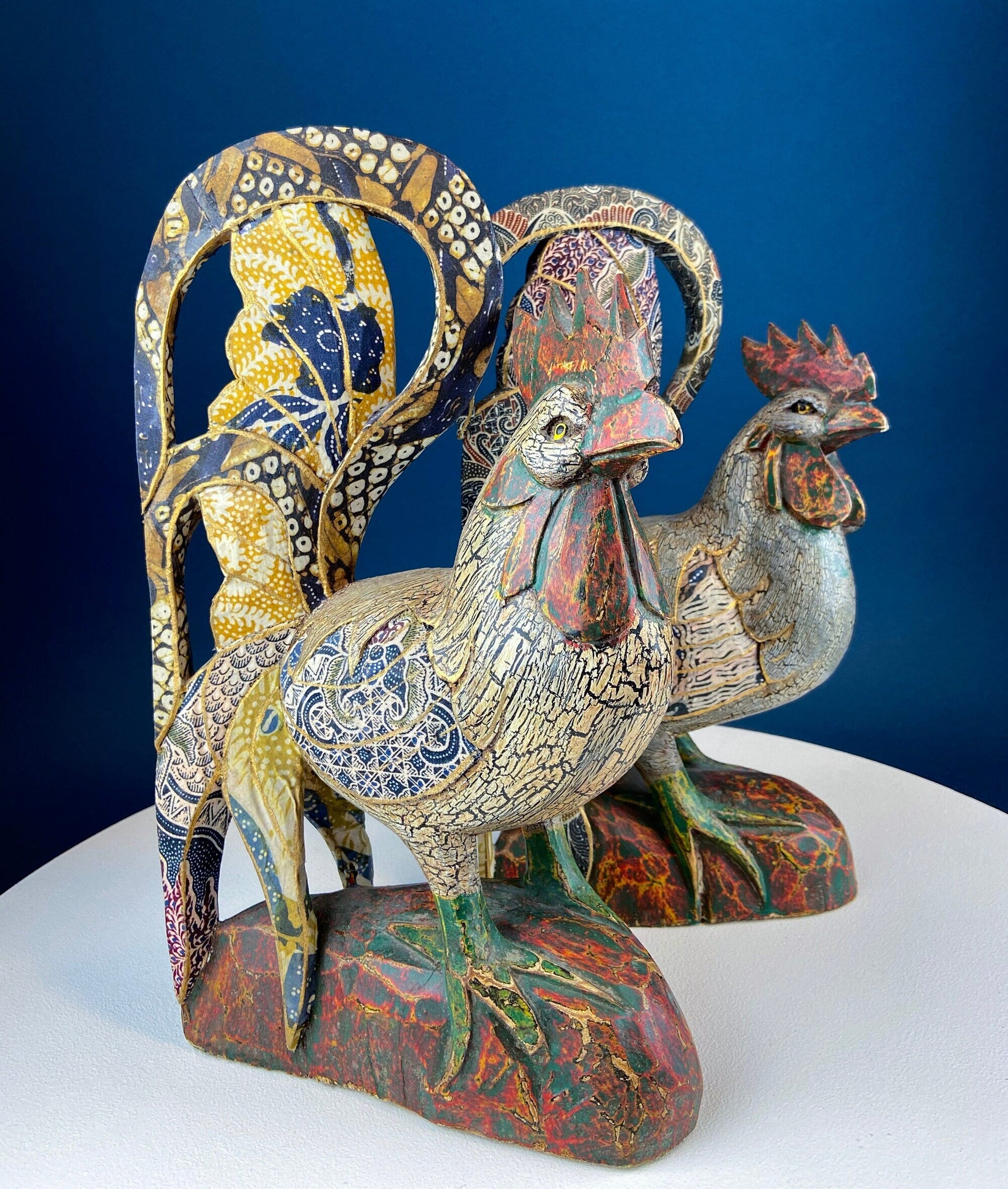 Set of 2 Wooden Hand Carved Rooster Figurines. Wood with Fabric Inlays & Gold Lines. Modern Farmhouse. Fall Decor. Table Centerpiece. Ethnic - Tampa Home & Garden Store