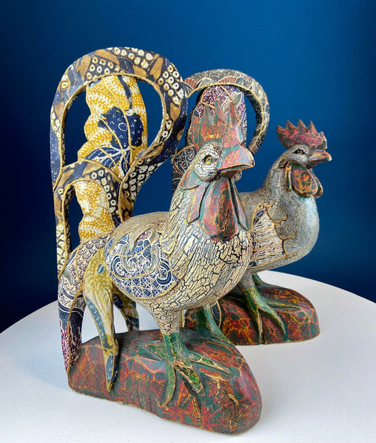 Set of 2 Wooden Hand Carved Rooster Figurines. Wood with Fabric Inlays & Gold Lines. Modern Farmhouse. Fall Decor. Table Centerpiece. Ethnic - Tampa Home & Garden Store