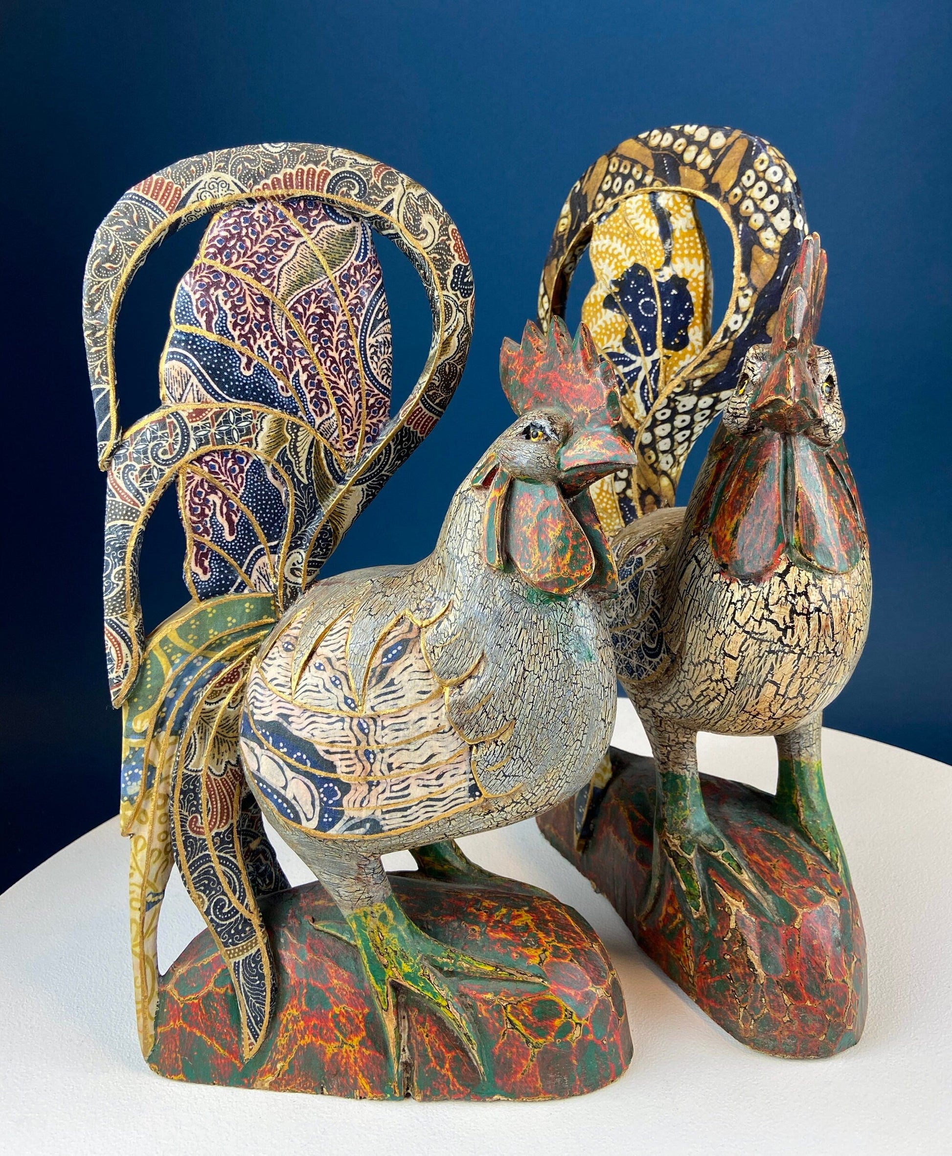 Set of 2 Wooden Hand Carved Rooster Figurines. Wood with Fabric Inlays & Gold Lines. Modern Farmhouse. Fall Decor. Table Centerpiece. Ethnic - Tampa Home & Garden Store