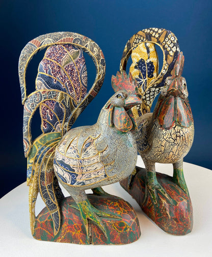 Set of 2 Wooden Hand Carved Rooster Figurines. Wood with Fabric Inlays & Gold Lines. Modern Farmhouse. Fall Decor. Table Centerpiece. Ethnic - Tampa Home & Garden Store