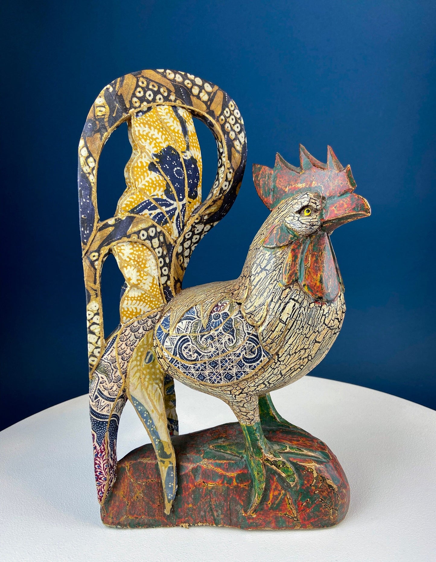 Set of 2 Wooden Hand Carved Rooster Figurines. Wood with Fabric Inlays & Gold Lines. Modern Farmhouse. Fall Decor. Table Centerpiece. Ethnic - Tampa Home & Garden Store