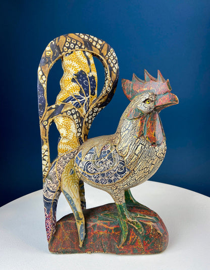 Set of 2 Wooden Hand Carved Rooster Figurines. Wood with Fabric Inlays & Gold Lines. Modern Farmhouse. Fall Decor. Table Centerpiece. Ethnic - Tampa Home & Garden Store