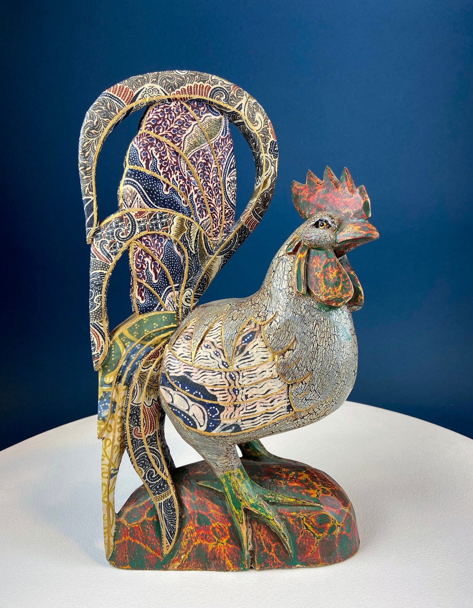 Set of 2 Wooden Hand Carved Rooster Figurines. Wood with Fabric Inlays & Gold Lines. Modern Farmhouse. Fall Decor. Table Centerpiece. Ethnic - Tampa Home & Garden Store