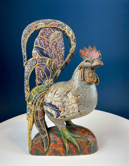 Set of 2 Wooden Hand Carved Rooster Figurines. Wood with Fabric Inlays & Gold Lines. Modern Farmhouse. Fall Decor. Table Centerpiece. Ethnic - Tampa Home & Garden Store
