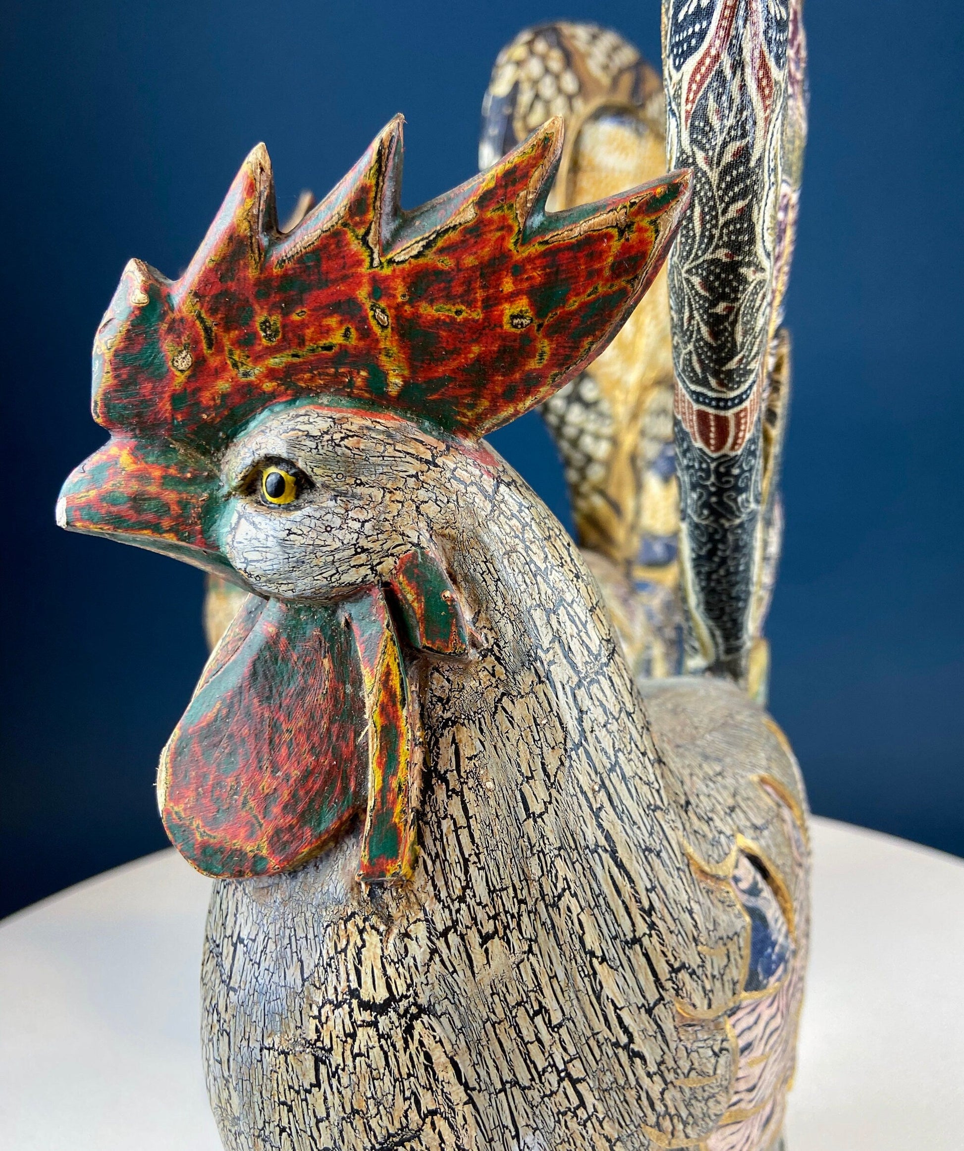 Set of 2 Wooden Hand Carved Rooster Figurines. Wood with Fabric Inlays & Gold Lines. Modern Farmhouse. Fall Decor. Table Centerpiece. Ethnic - Tampa Home & Garden Store