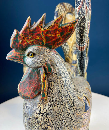 Set of 2 Wooden Hand Carved Rooster Figurines. Wood with Fabric Inlays & Gold Lines. Modern Farmhouse. Fall Decor. Table Centerpiece. Ethnic - Tampa Home & Garden Store
