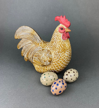 Set of 2 Wooden Hand Carved Rooster Figurines. Wood with Fabric Inlays & Gold Lines. Modern Farmhouse. Fall Decor. Table Centerpiece. Ethnic - Tampa Home & Garden Store