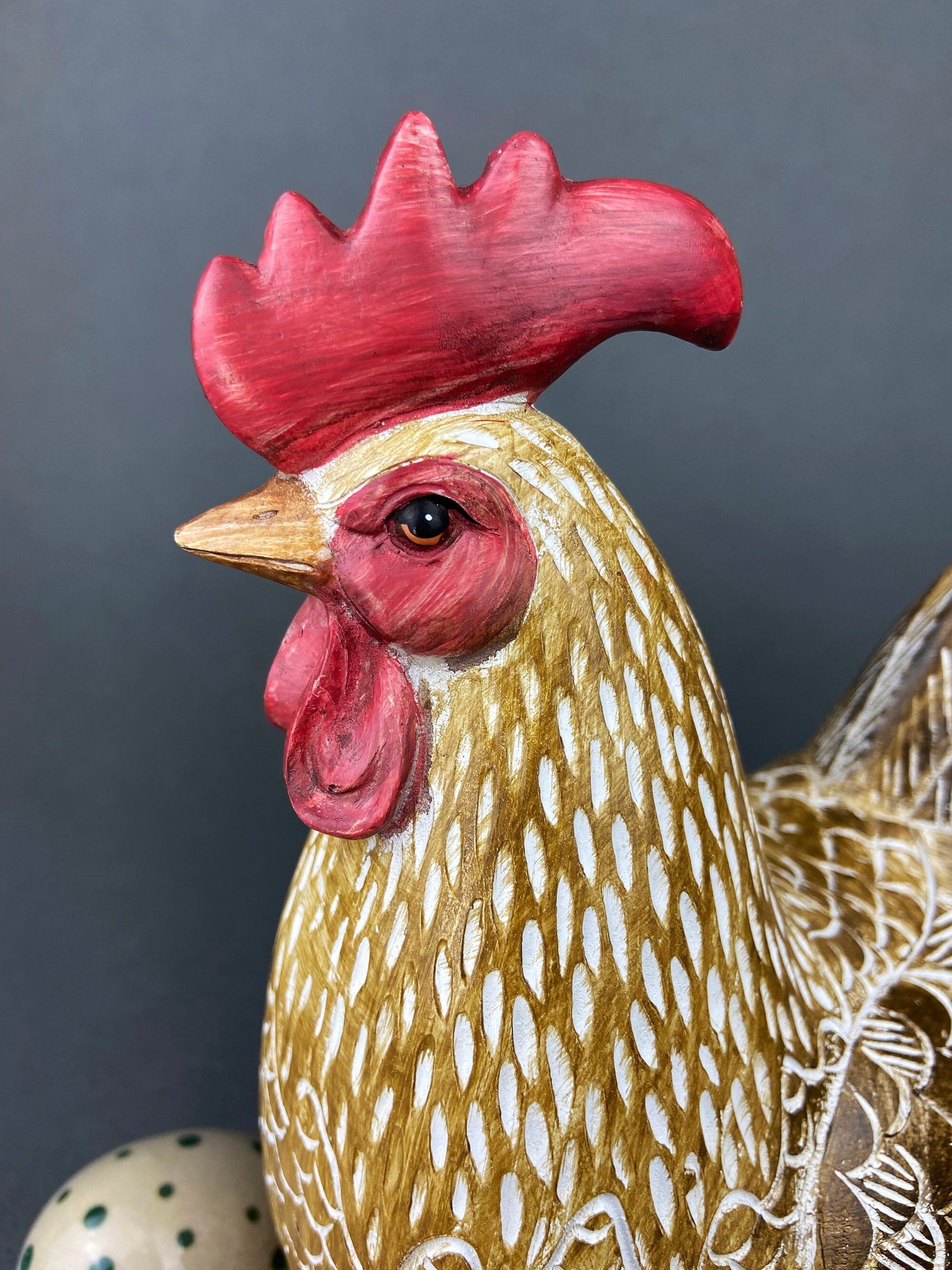 Set of 2 Wooden Hand Carved Rooster Figurines. Wood with Fabric Inlays & Gold Lines. Modern Farmhouse. Fall Decor. Table Centerpiece. Ethnic - Tampa Home & Garden Store