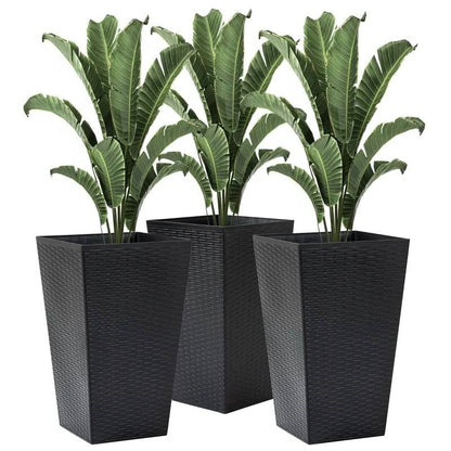 Set of 3 - Black Faux Rattan Plastic Tall Large Flower Pots - Tampa Home & Garden Store
