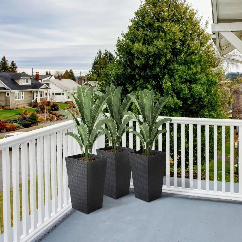 Set of 3 - Black Faux Rattan Plastic Tall Large Flower Pots - Tampa Home & Garden Store
