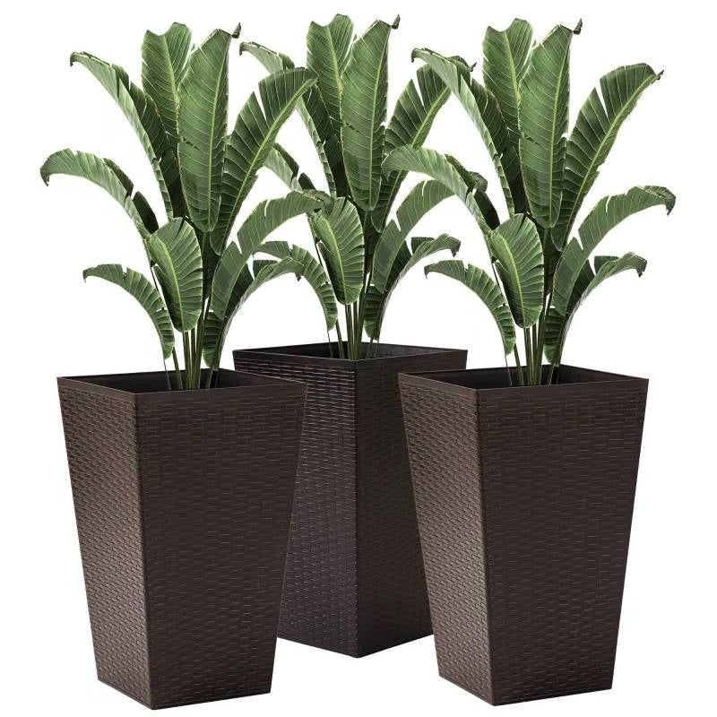 Set of 3 - Brown Faux Rattan Plastic Tall Large Flower Pots - Tampa Home & Garden Store