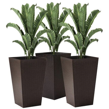 Set of 3 - Brown Faux Rattan Plastic Tall Large Flower Pots - Tampa Home & Garden Store