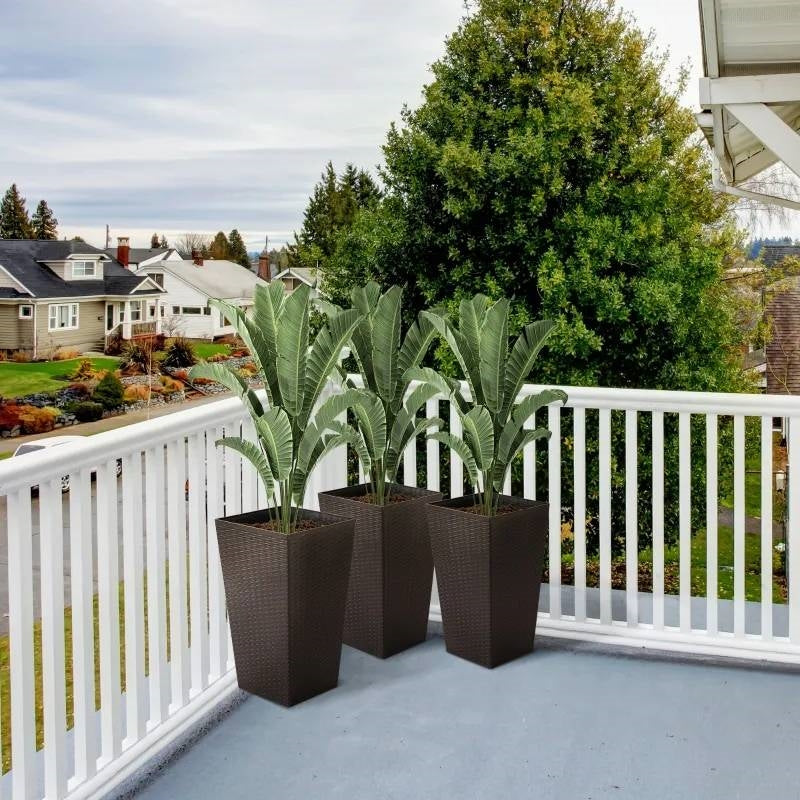 Set of 3 - Brown Faux Rattan Plastic Tall Large Flower Pots - Tampa Home & Garden Store