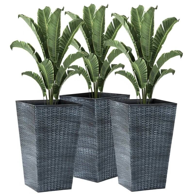 Set of 3 - Grey Faux Rattan Plastic Tall Large Flower Pots - Tampa Home & Garden Store