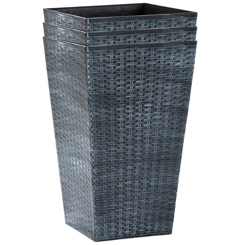 Set of 3 - Grey Faux Rattan Plastic Tall Large Flower Pots - Tampa Home & Garden Store