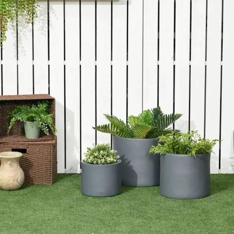 Set of 3 Stackable Round Outdoor Flower Pot Planters with Drainage Holes in Grey - Tampa Home & Garden Store